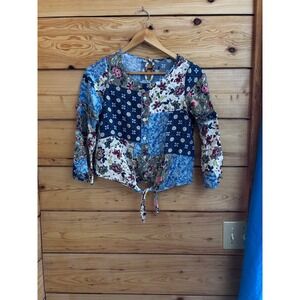 Boho Patchwork Floral Tie Front Blouse Blue Multi Long Sleeve Ruffle Top Pearl